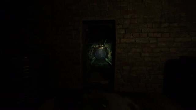 dark storage vault with rows of barrels and central greenlit doorway, silent containment scene filled with tension and secrecy concrete walls stained