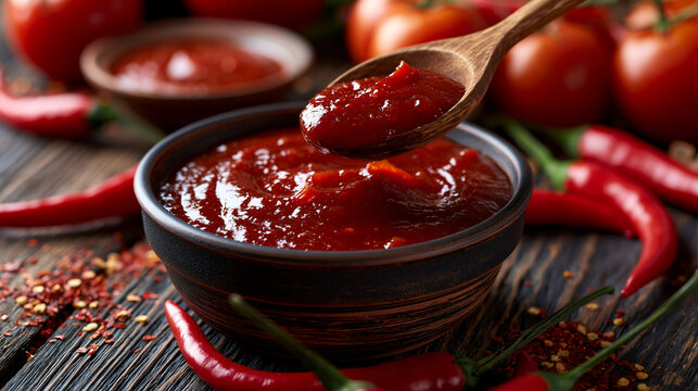 Wooden Spoon Lifting Spicy Chili Sauce from Bowl with Red Peppers