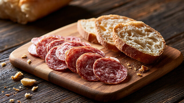 Cured Salami Slices and Bread on Small Wooden Board with Peppercorns