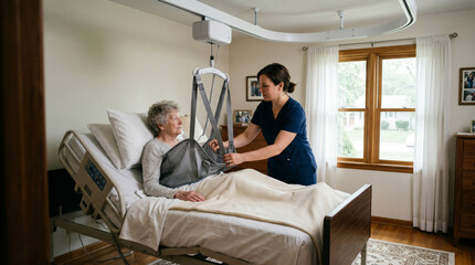 Obraz premium Professional home care nurse helps elderly patient in hospital bed