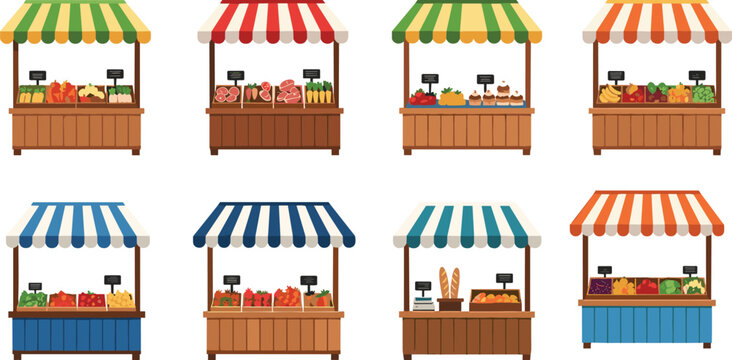 Market stalls, striped canopy, fruit vegetables, bread produce, colorful marketplace, local bazaar, food counter, shopping scene, commercial trade, flat vector illustration