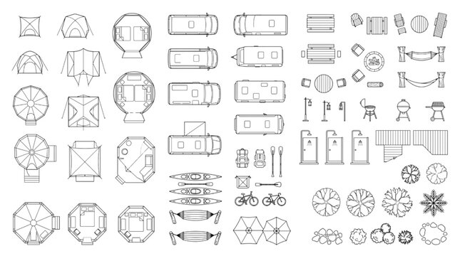 Top-Down Architectural CAD Icons for Camping, Glamping, and Outdoor Recreation Planning