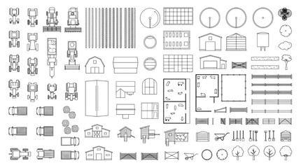 Extensive CAD vector collection for agricultural planning, featuring detailed architectural elements, farm vehicles, machinery, and various livestock illustrations for rural design projects © SD Creation