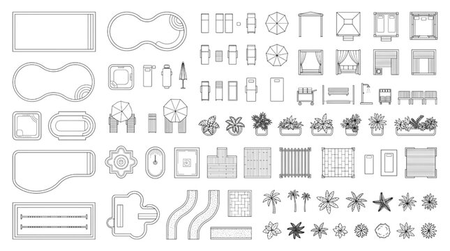Top View CAD Elements for Architectural Design Pools, Furniture, Plants, and More