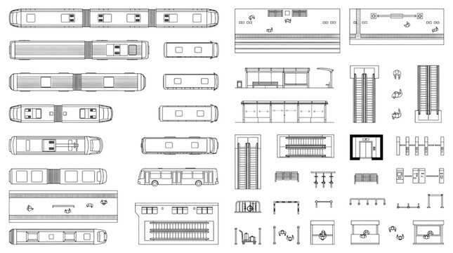 Comprehensive CAD collection of diverse public transport vehicle and urban infrastructure elements, essential for architectural and engineering design