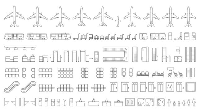 A vast CAD collection of architectural symbols and detailed plan view elements for designing comprehensive airport and public transportation layouts and infrastructure planning