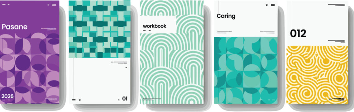 Modern geometric notebook cover illustration collection, abstract pattern artwork, colorful design composition, concentric motif vector set, contemporary graphic layouts