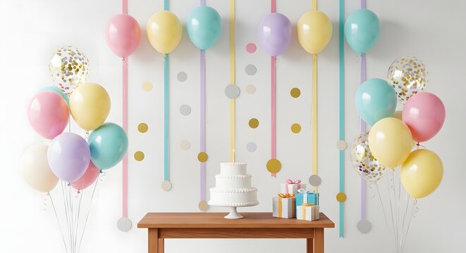 A beautifully decorated pastel-themed party setup with balloons, streamers, a white cake, and wrapped gifts on a wooden table against a white wall.