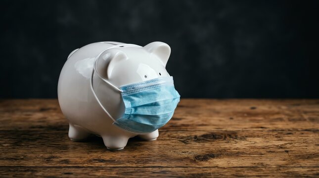 Symbolic depiction of economic challenges and the importance of saving during a global health crisis, featuring a piggy bank wearing a medical mask