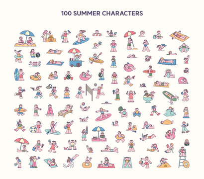 Mega summer character collection featuring 100 beach activities, swimming, surfing, relaxation, travel and vacation lifestyle icons.