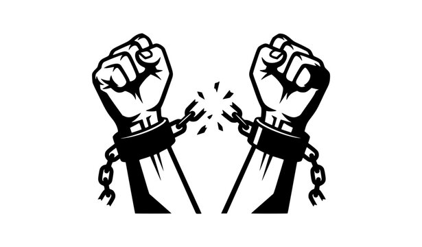 Shackled hands breaking chain freedom silhouette vector illustration