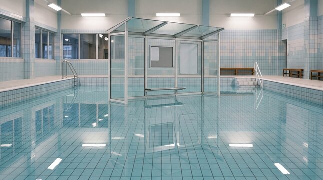 Lonely bus stop inside shallow indoor pool