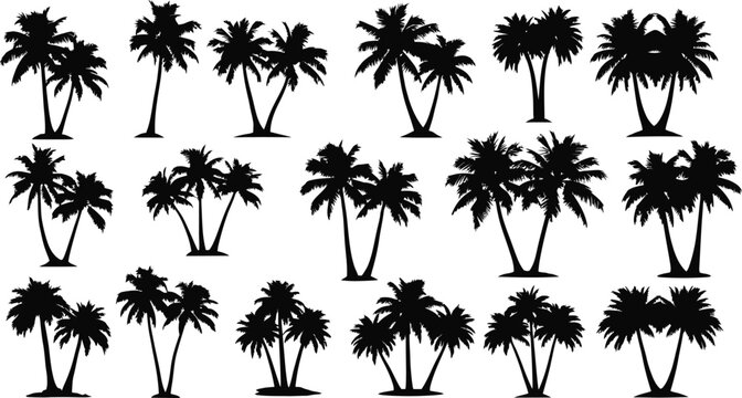 Collection of various black palm tree silhouettes on white background
