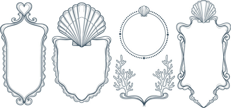Nautical decorative frame illustration collection, seashell coral artwork, oceanic border design composition, vintage maritime graphic, elegant seaside vector set
