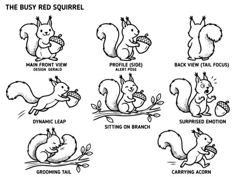 Cute cartoon red squirrel character sheet with various poses and expressions holding an acorn line art vector illustration.
