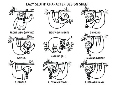 Cute cartoon sloth character design sheet with various poses and expressions in black and white line art style.