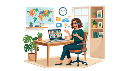 Fototapeta premium Business Woman Working from Home Hosting Global Video Conference Meeting, Remote Work and Online Collaboration Concept Illustration