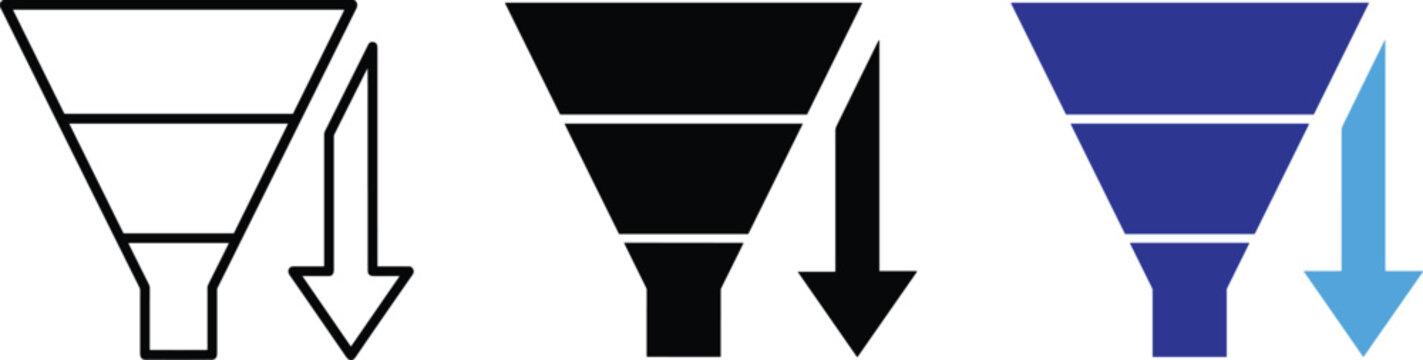 Sales funnel marketing strategy and conversion rate optimization vector icons set with modern illustration elements.