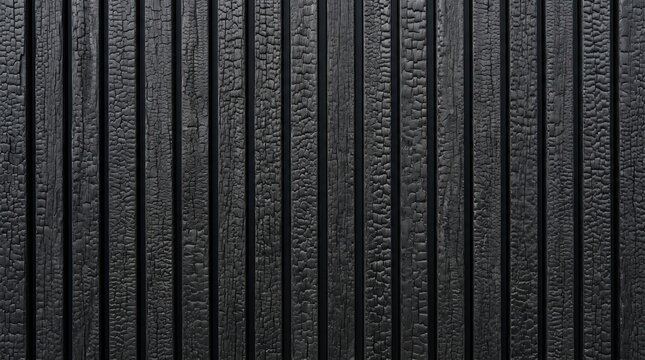 Charred black Shou Sugi Ban wood planks with Japanese yakisugi carbonized finish. Burnt vertical timber siding with crackle patterns. Material background for luxury design.