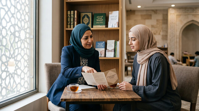 Two women discuss documents in a warmly lit room