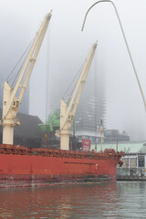 Naklejka premium The Federal Thunder Bay, a modern bulk carrier ship, docked at the Redpath Sugar Refinery in Toronto - cranes