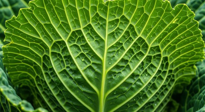 Extreme macro shot of a crinkled green cabbage leaf showing intricate organic patterns, textured veins, and vibrant natural green gradients, agriculture, closeup, sustainability