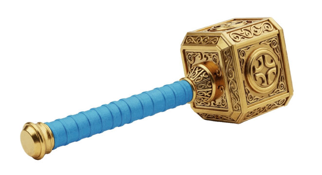Minimal black silhouette icon, simple flat vector, bold black shape, no, no shading golden thor hammer mjolnir replica with blue handle on a, flat icon style