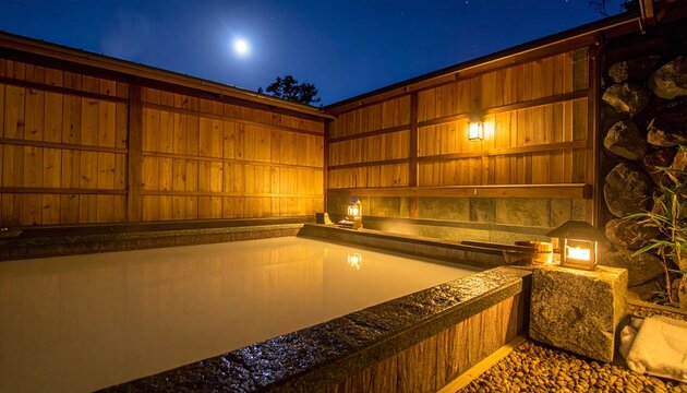 露天風呂・満月・夜・石灯籠・幻想的・健康・美肌効果・美容・温活・旅館・リラクゼーション・ナイトスパ・日本の温泉素材／Japanese rotenburo outdoor hot spring full moon night stone lantern, mystical beauty skin care healthy wellness night spa, moonlight onsen rel