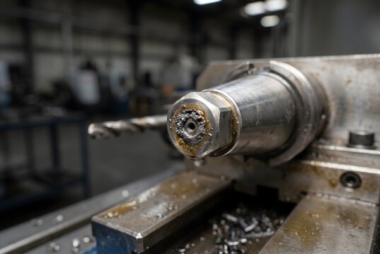 Full frame texture of CNC coolant nozzle tip with metal dust and oil clogging microscopic opening