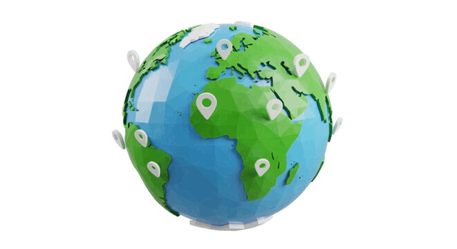 Minimal black silhouette icon, simple flat vector, bold black shape, no, no shading low poly earth globe with location pins on a, flat icon style
