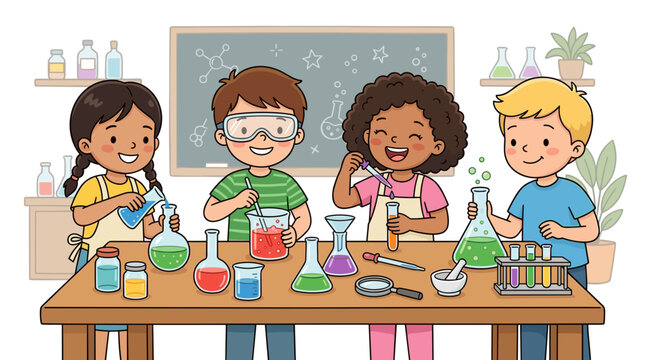 Diverse group of happy children conducting science experiments in a classroom laboratory setting