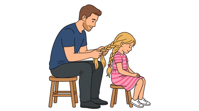 Father braiding daughters blonde hair with love and care on white background