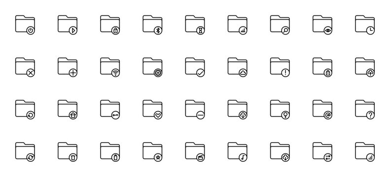 Folder icon set. Minimal line vector icons pack. Office and document icon collection. Includes symbols for directory, file, storage, organize, document, archive, and more. Editable stroke.