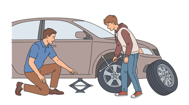 Two men changing a flat tire on a car with a jack and lug wrench assistance