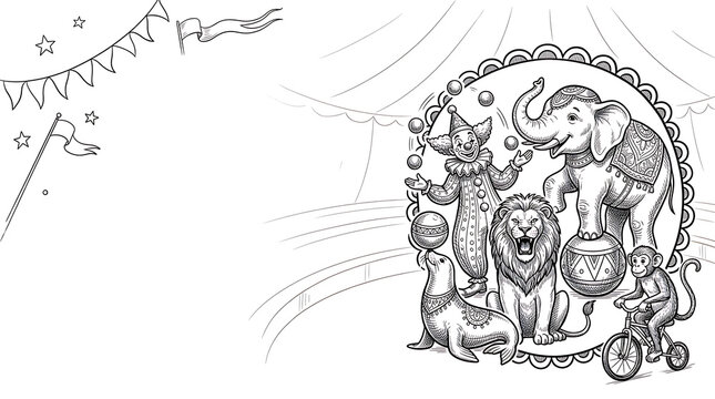 Vintage circus animals and clown in a ring frame sketch
