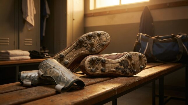 Close-up of muddy leather soccer cleats and worn shin guards resting on a wooden bench in a sports locker room with soft sunlight streaming from a window in the background.