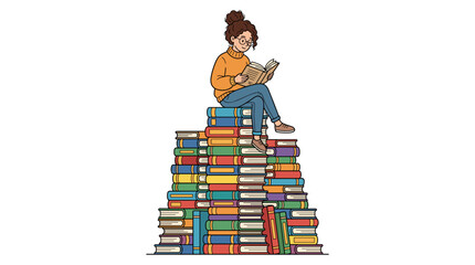 Young woman sitting on a large stack of books reading a book with a smile