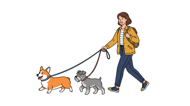 Woman walking two dogs on leashes a corgi and a schnauzer on white background