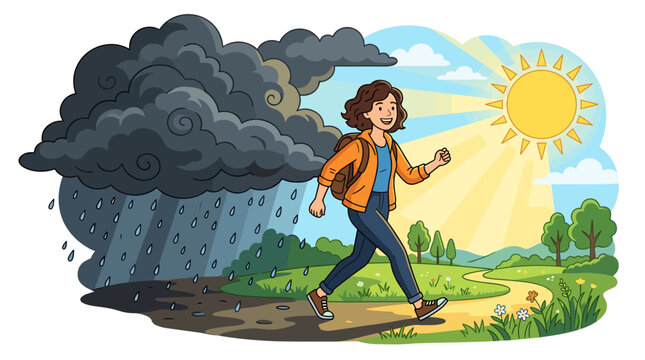 Woman walking from storm to sunshine symbolizing hope and positive change