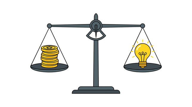 Balance scale showing coins on one side and a lit lightbulb on the other representing the value of ideas versus money