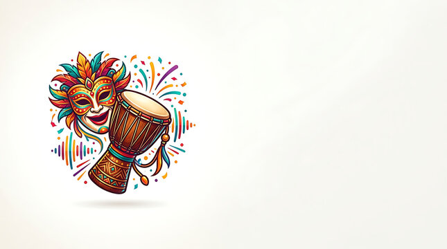 Festive carnival mask and djembe drum with colorful confetti