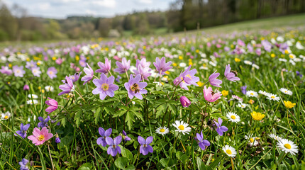 Obraz premium Vibrant field of wildflowers in full bloom under the sunlight spring season.
