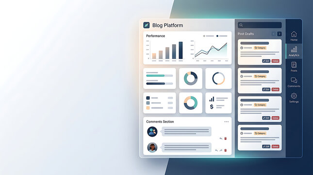 Modern blog platform dashboard interface with analytics and metrics