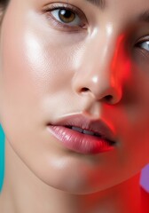 Fototapeta premium A close-up view showcasing a luminous complexion and smooth glass skin texture with soft natural lip tones and refined facial features, pores, jawline, face