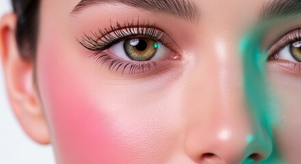 Obraz premium A close-up view of soft skin featuring a delicate pink glow on cheeks and shimmering, reflective pupils with long lashes and a gentle gaze, lashes, composition, texture