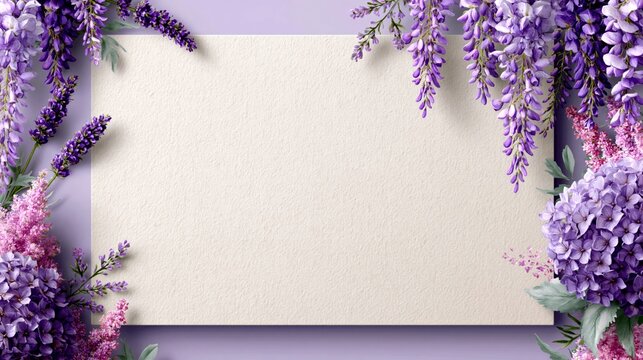 Elegant lavender floral frame with blank textured paper for wedding invitations, greeting cards, or spring event announcements in soft purple and pastel hues