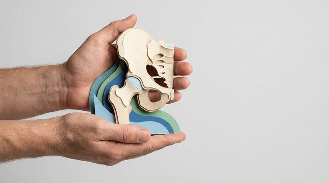 Hip, Pelvis, Anatomy, Health, Joint, Bone, Care concept shown through a stylized paper craft model held in hands, representing orthopedic surgery, joint replacement and physical therapy.