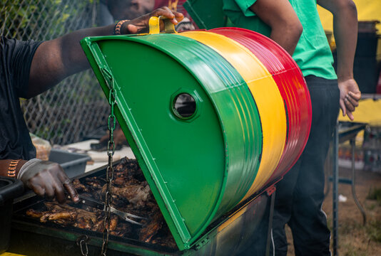 Rastafarian Colors Barrel Drum Jerk Grill Being Opened at Caribbean Food Festival, New Jersey