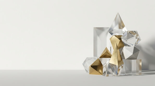 Abstract composition of gold and glass geometric shapes on white