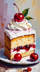 Delicious cake with cherries and whipped cream.